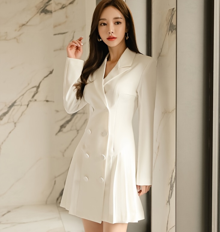 Double Breasted Pleated Blazer Elegant Solid Long Sleeve Mid Length Outerwear Women s Clothing