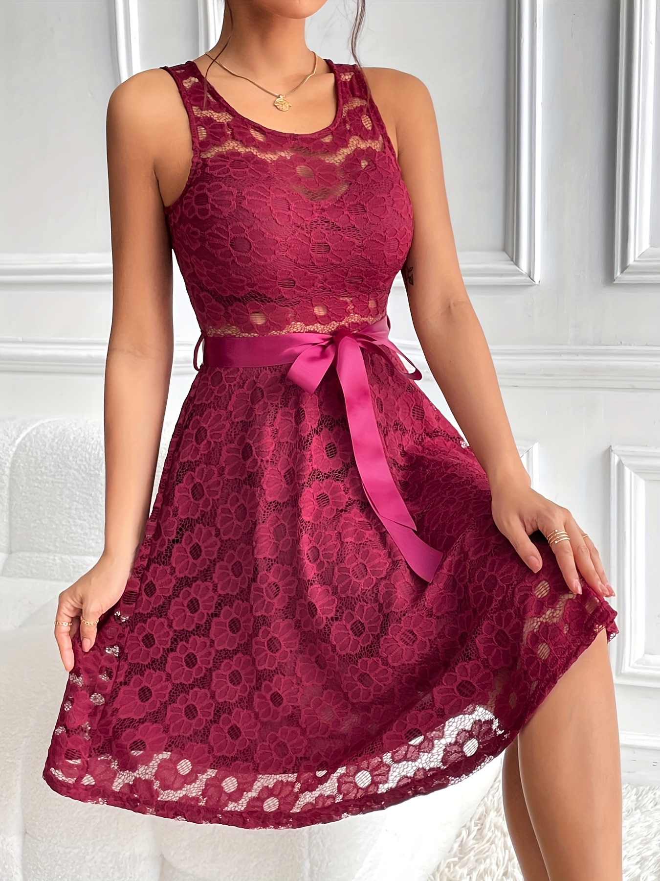 Floral Jacquard Solid Dress Elegant Scoop Neck Sleeveless - Temu
