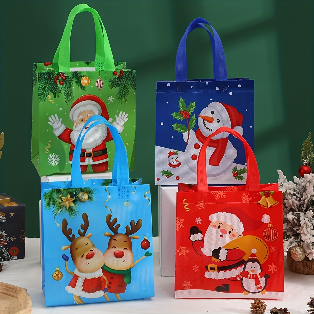 

4pcs, 23*22*11cm Mix Waterproof Christmas Reusable Tote Bag, Christmas Gift Bag, Large Non Woven Bag With Handle Grocery Party Shopping Bag, Xmas Favor Present