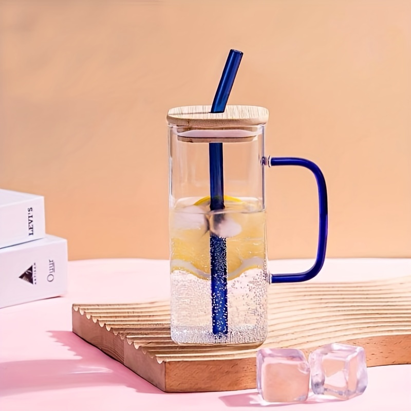 Clear Colorful Handle Square Glass Cup With Bamboo Lids And Straw