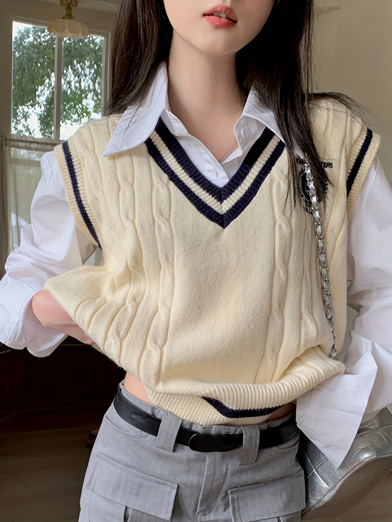 Sweater Tank Tops for Women,Women'S V Neck Sweater Vest Retro Navy Blue  Short Stripe Simple Sleeveless Knitted Gilets Waistcoat Preppy Style Jumper  Uniform Tank Top ,M : : Clothing, Shoes & Accessories