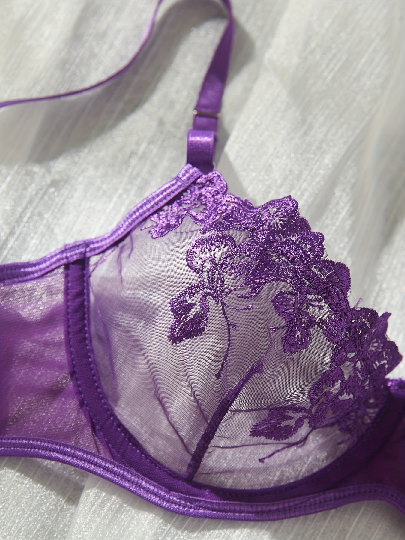 Floral Embroidery Lingerie Set Mesh Unlined Bra Thong - Temu Canada