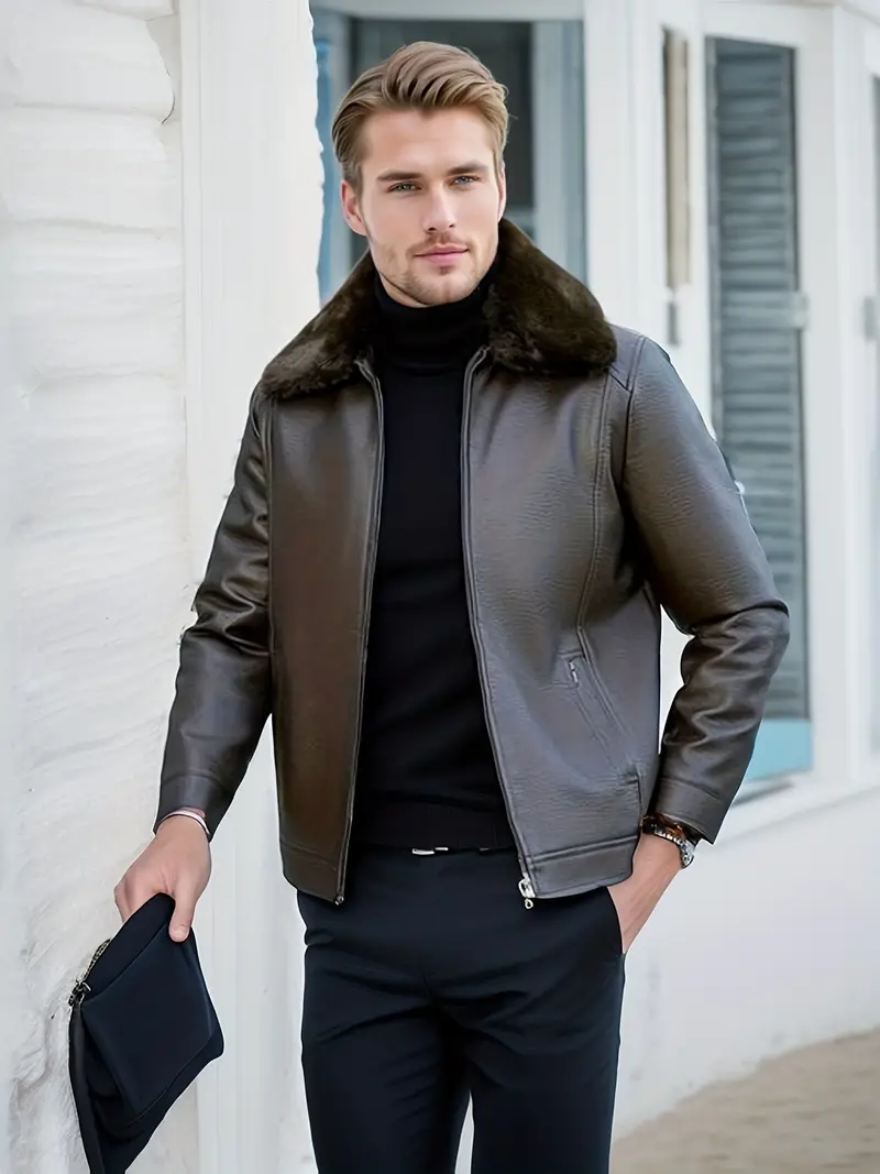 Warm Fleece PU Jacket, Men's Casual Solid Color Zip Up Fur Collar Faux  Leather Jacket For Fall Winter