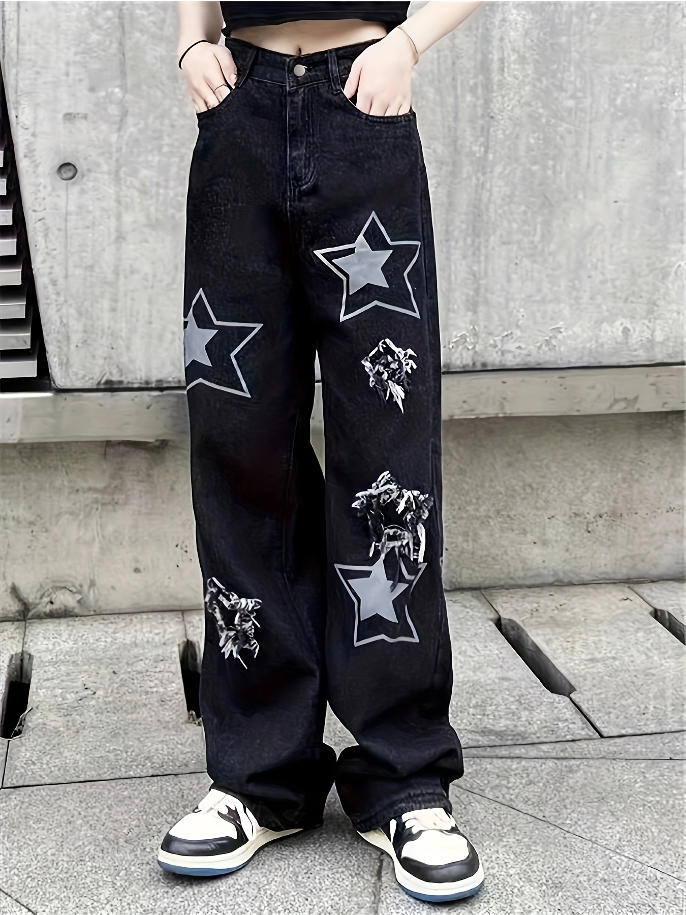 Star Print Street Style Denim Pants Low Waist Slant Pockets - Temu