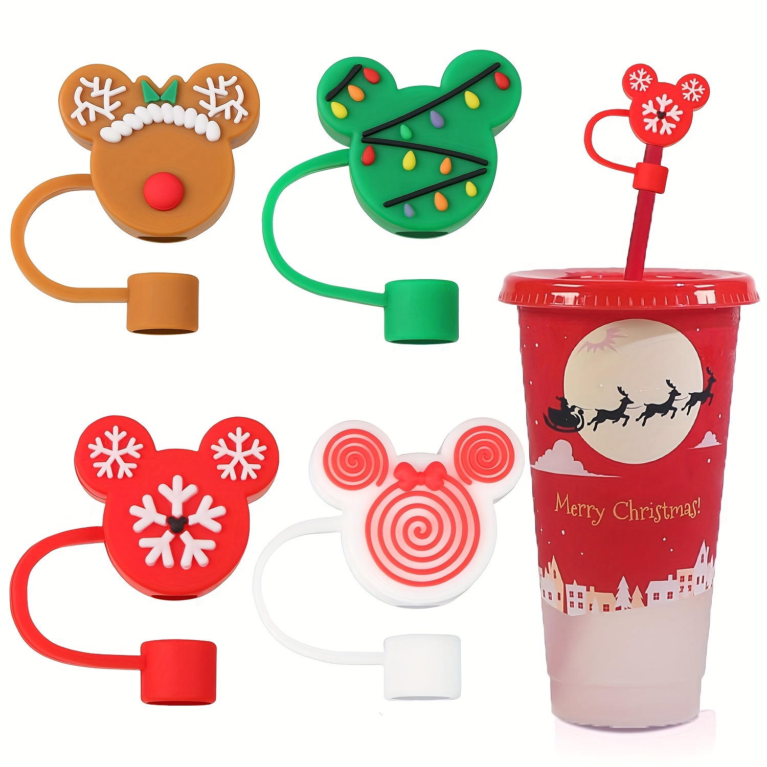 4PcsSilicone Protectors Straw Toppers Reusable Straws Christmas