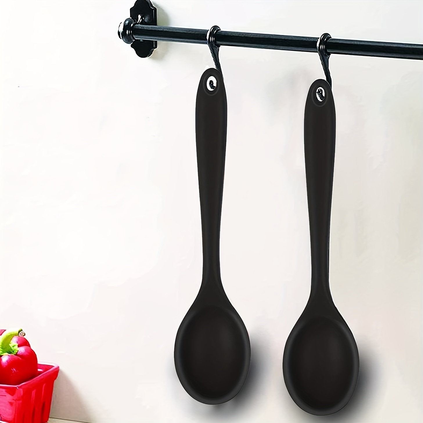 2 cucharas de cocina de silicona, cuchara de servir resistente al calor de  28 cm para mezclar y cocinar, cucharas de mango largo para revolver, freír  y mezclar (negro) JM