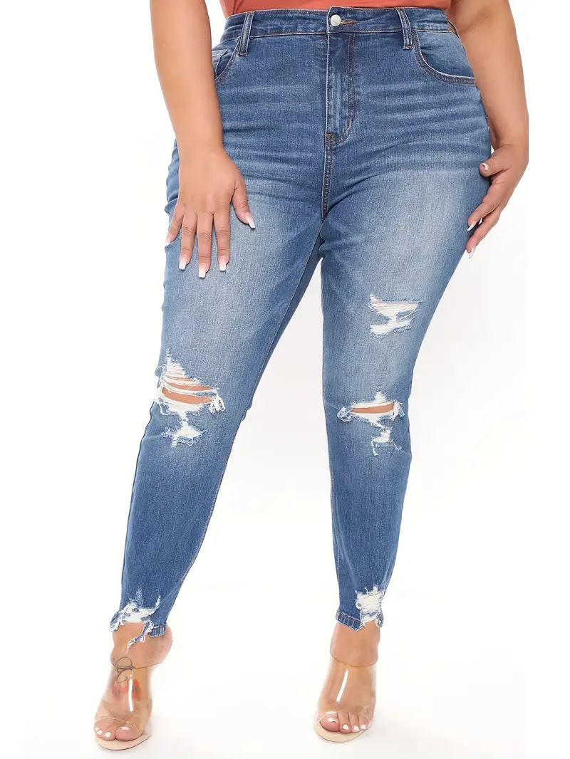 plus size casual jeans womens plus solid ripped button fly high rise asymmetric hem medium stretch skinny jeans details 1