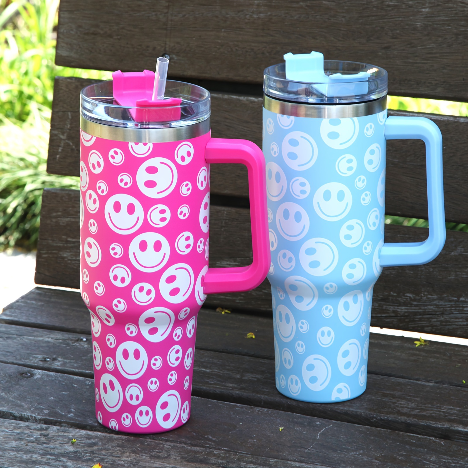Smiling Faces Tumbler With Lid And Straw Stainless Steel - Temu