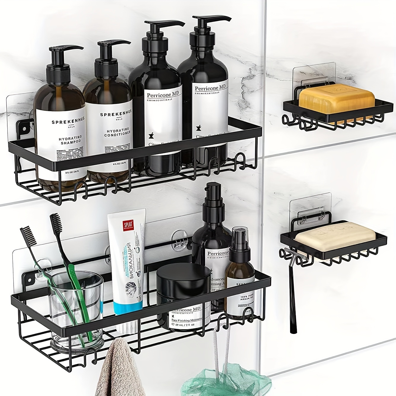 Shower Supplies Storage Rack With Hooks Self adhesive Black - Temu