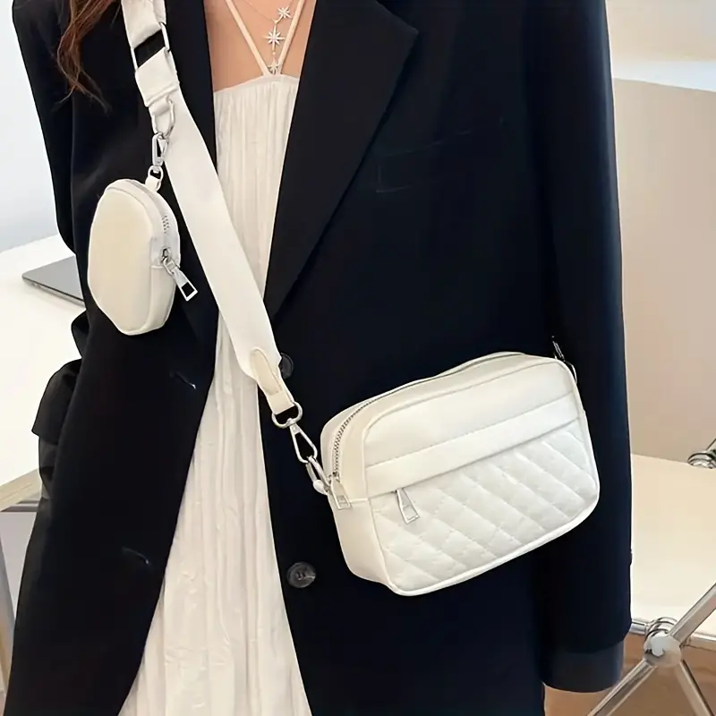 2pcs Argyle Quilted Bag Set, Solid Color Crossbody Bag, Casual Square Shoulder Bag with Coin Purses,White,$8.99,Solid color,Cross Body Bag,Temu
