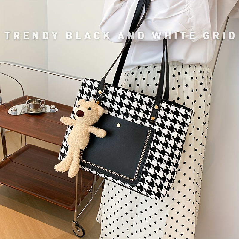 Houndstooth Pattern Tote Bag, Large Capacity Shoulder Bag, Versatile Handbag  For Commuter, Shopping - Temu