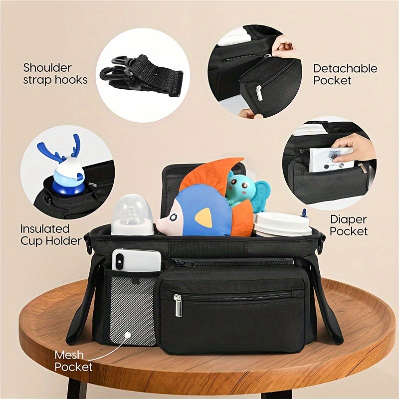 Momcozy Universal Stroller Organizer With Insulated Cup Holder Phone Bag  Black