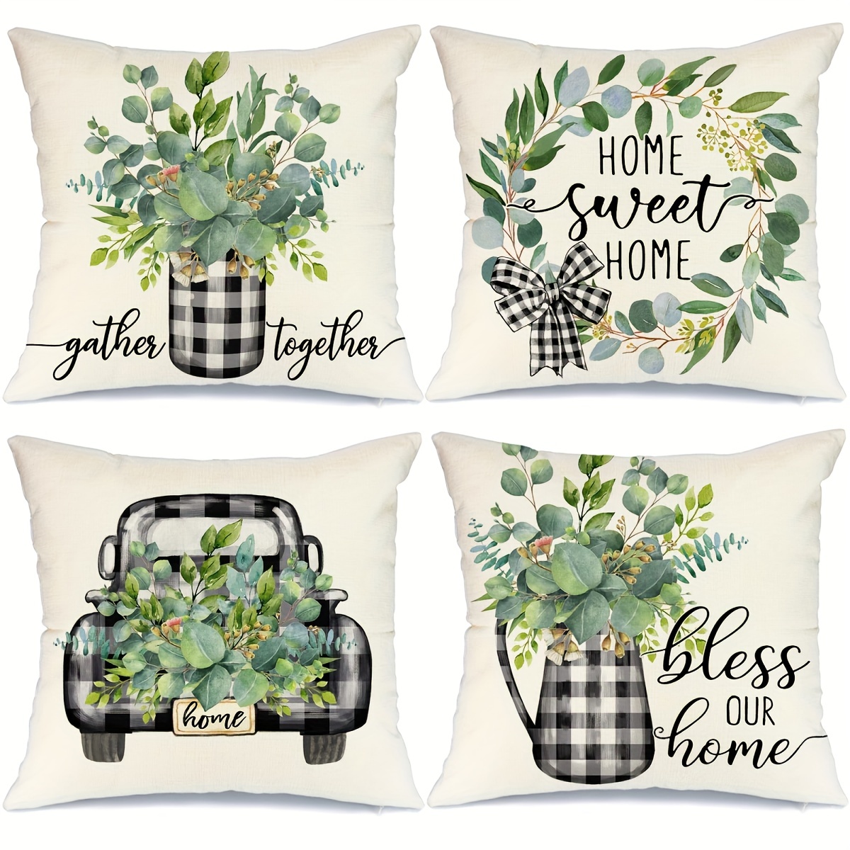 

4pcs/set Farmhouse Pillow Covers - Buffalo Plaid Truck Eucalyptus Leaves Home Sweet Home Decorative Throw Pillowcases - Spring Farmhouse Decor For Sofa, Couch, And Car - No Pillow Insert - 18x18in