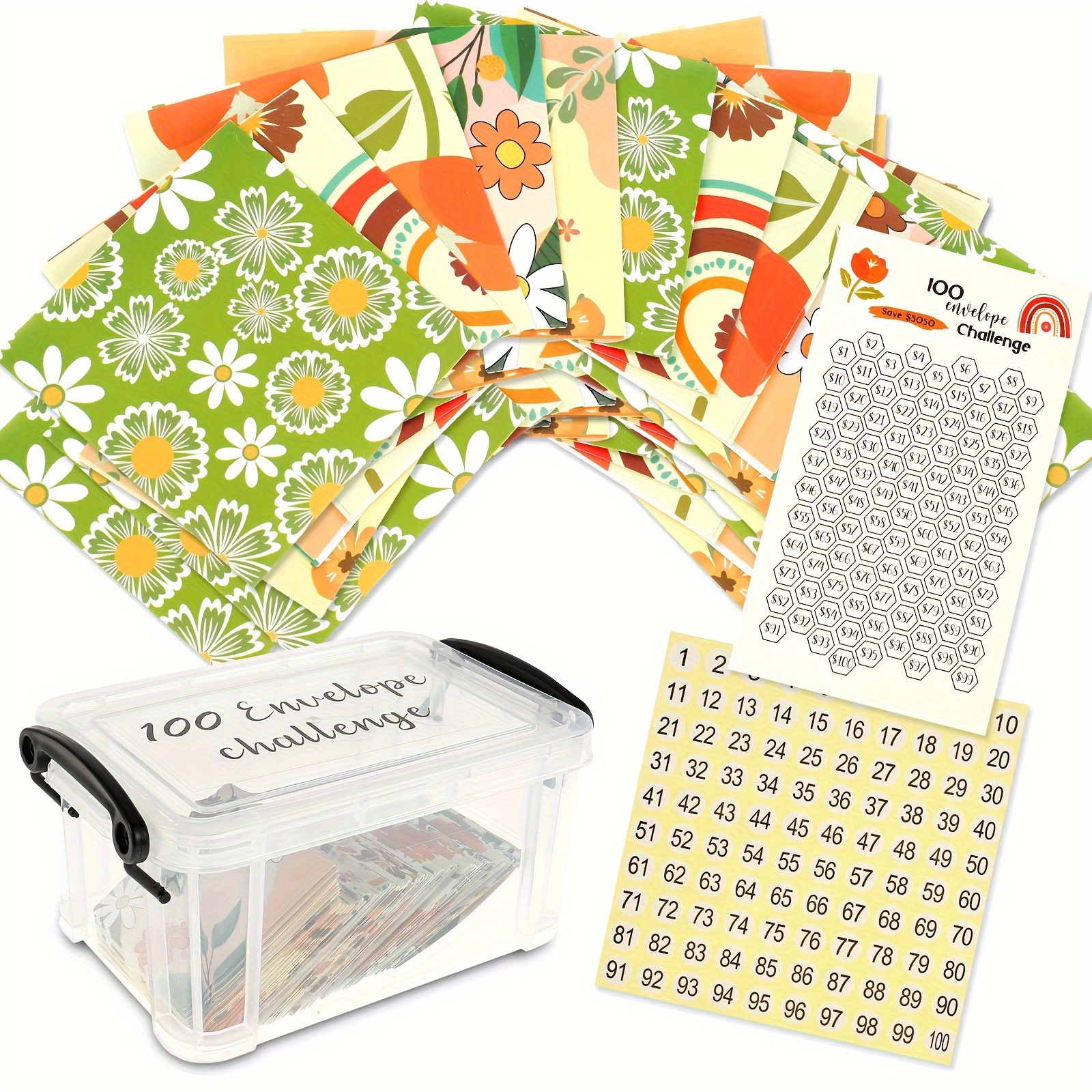 100 Envelopes Save Money Challenge Box, 100 Envelope Challenge Kit Saves  $5050 In 100 Days, 100-day Envelope Challenge Kit Cash Box, Budget Planner  An