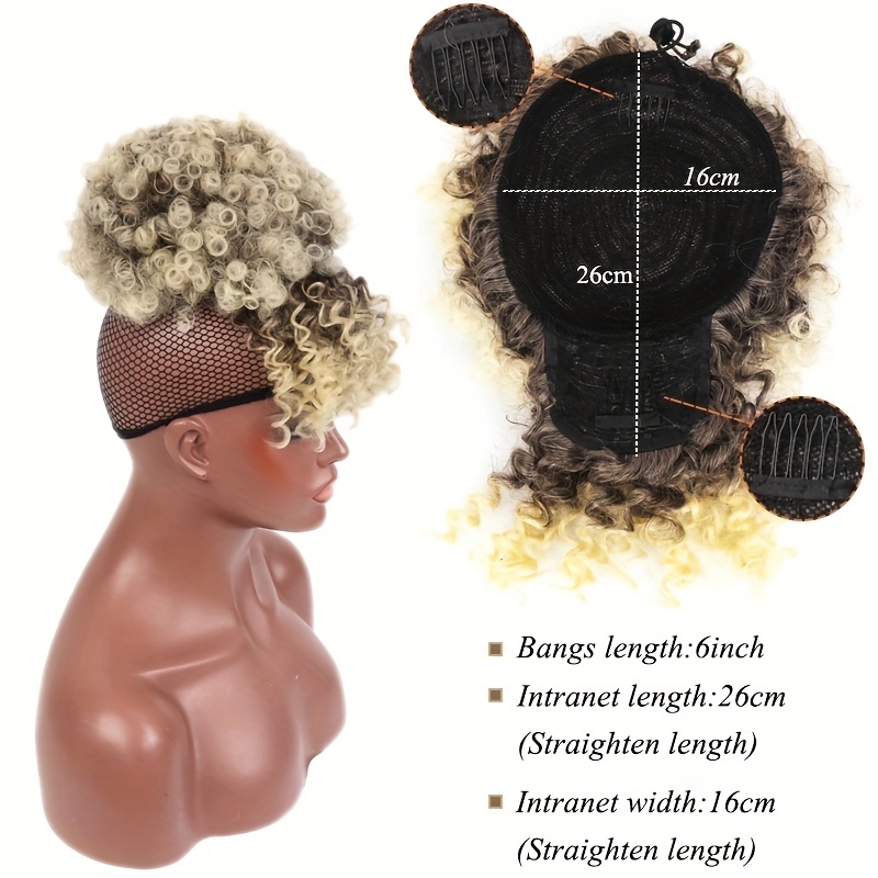 Kinky Curly Chignon with Bangs Synthetic Hair Bun Drawstring Ponytail Afro Puff