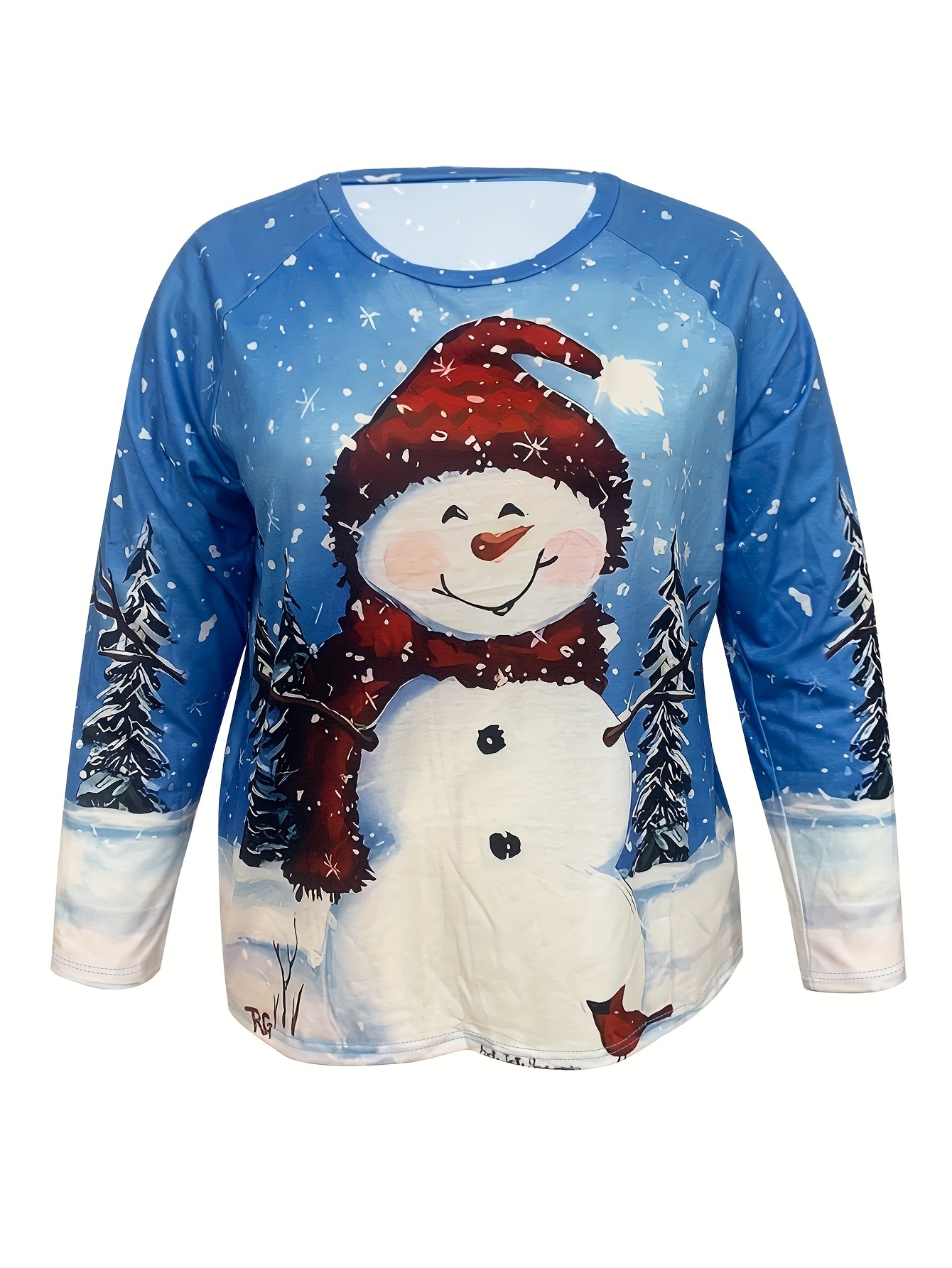 Plus Size Christmas Top, Women's Plus Cute Snowman Print Long Sleeve Round  Neck Slight Stretch Top