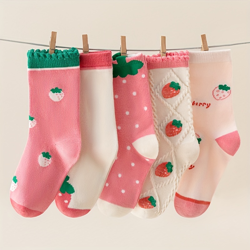 Girls' Autumn and Winter New Cream Strawberry Socks 5 Pairs-S01