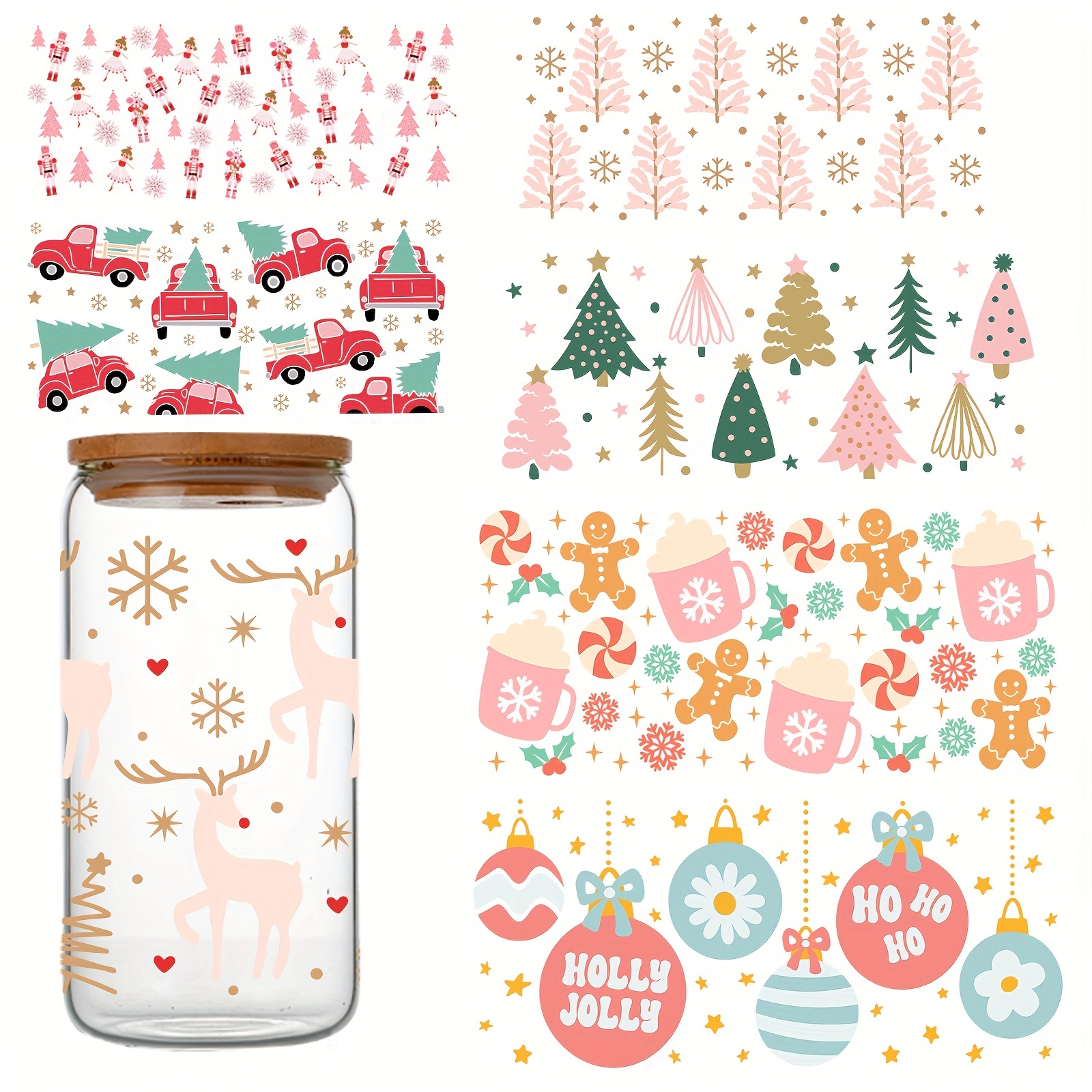 30+New Best Seller Lovely Christmas Design 3D UV DTF Cup Wrap Transfers  Stickers 16oz Glass Snowflake Christmas UV DTF Wrap
