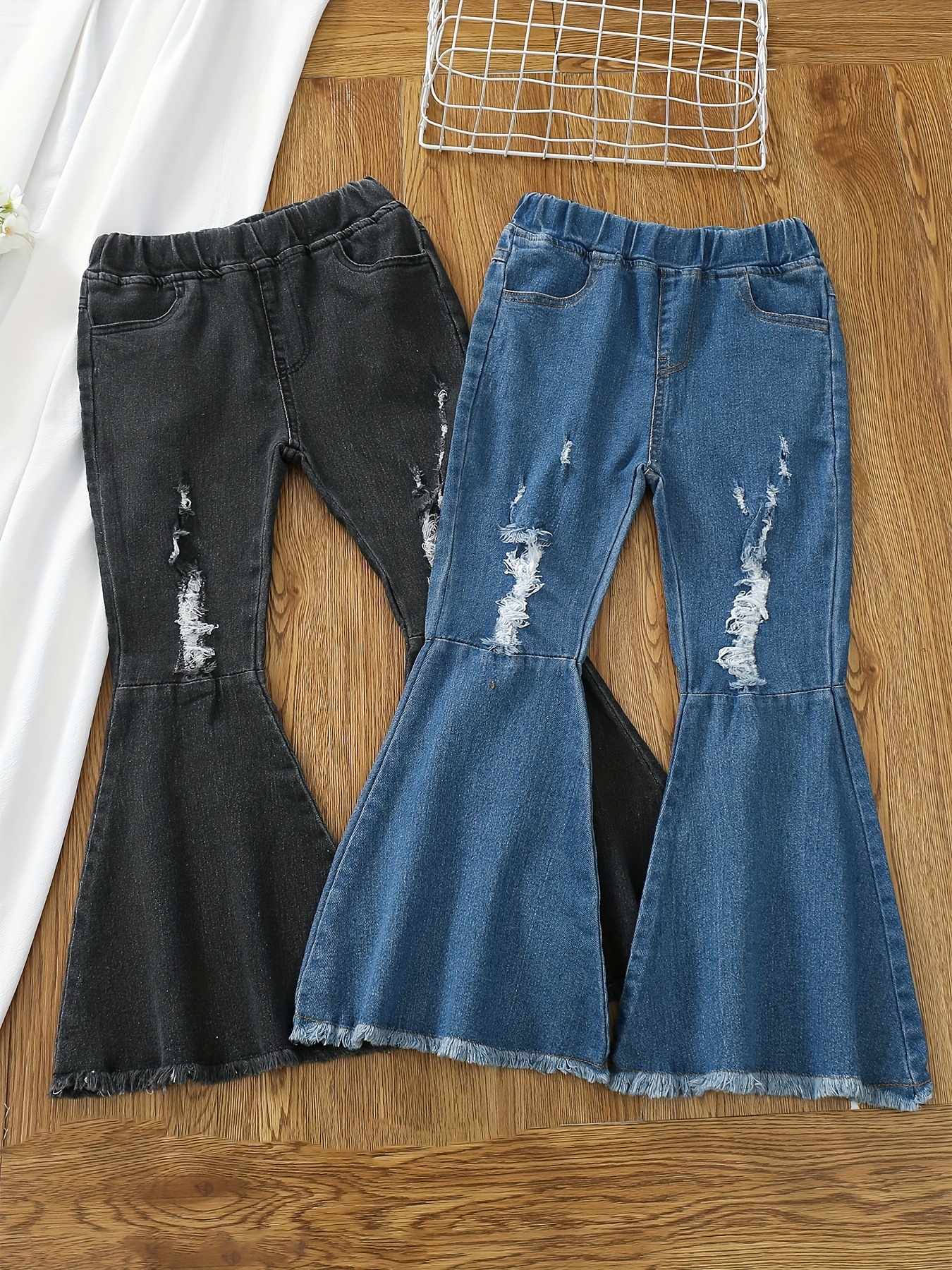 Girls Jeans Bell Bottom Flare Denim Pants Bowknot Decor Elastic Waist  Trousers