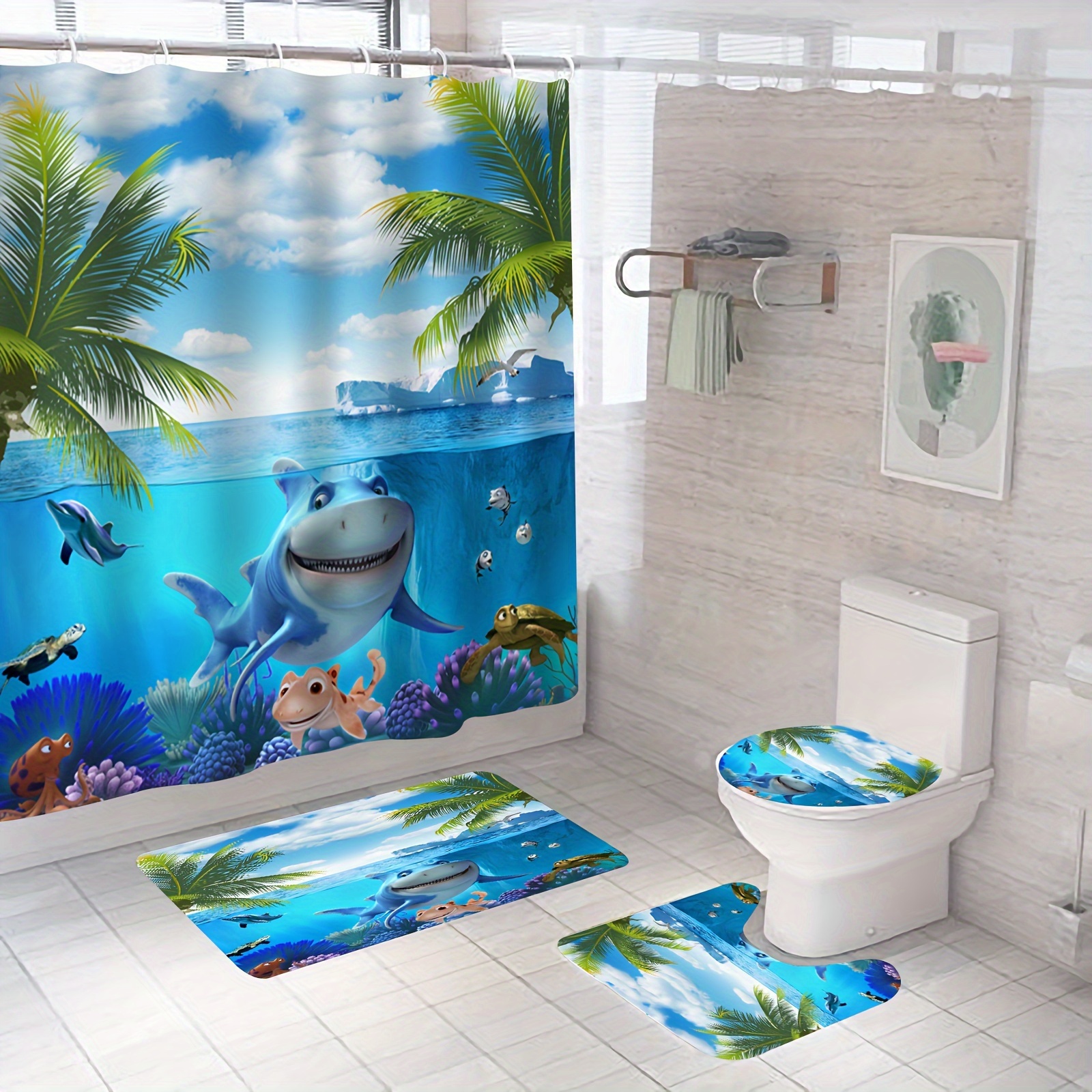 4 Pcs Shark Shower Curtain Sets with Non-Slip Rugs, Toilet Lid Cover and Bath Mat, Fish Sea Life Shower Curtains with 12 Hooks, Durable Waterproof