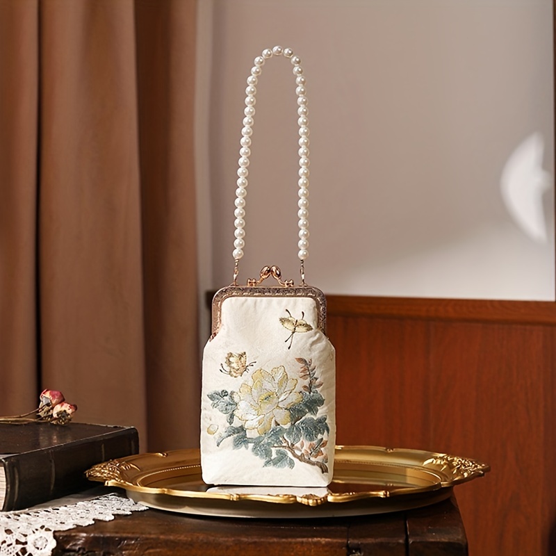 Mini Flower Embroidery Metal Pearl Chain Crossbody Frame Bag, Dacron Kiss  Lock Bag Purse, Classic Versatile Fashion Shoulder Bag