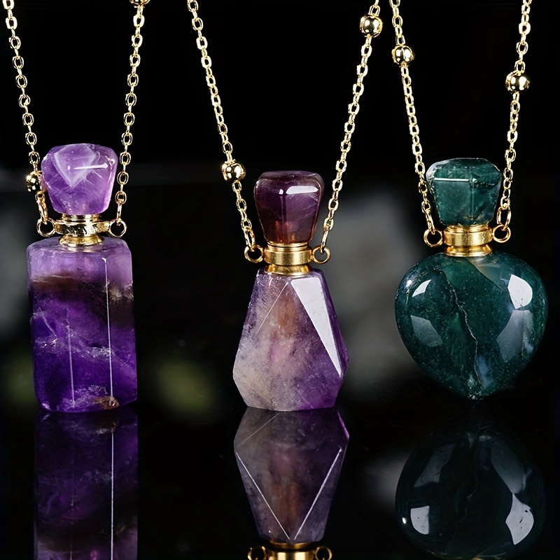 

1pc Natural Amethyst Aquamarine Agate Pendant Necklace, Exquisite Perfume Bottle Pendant Necklace, Men's Jewelry