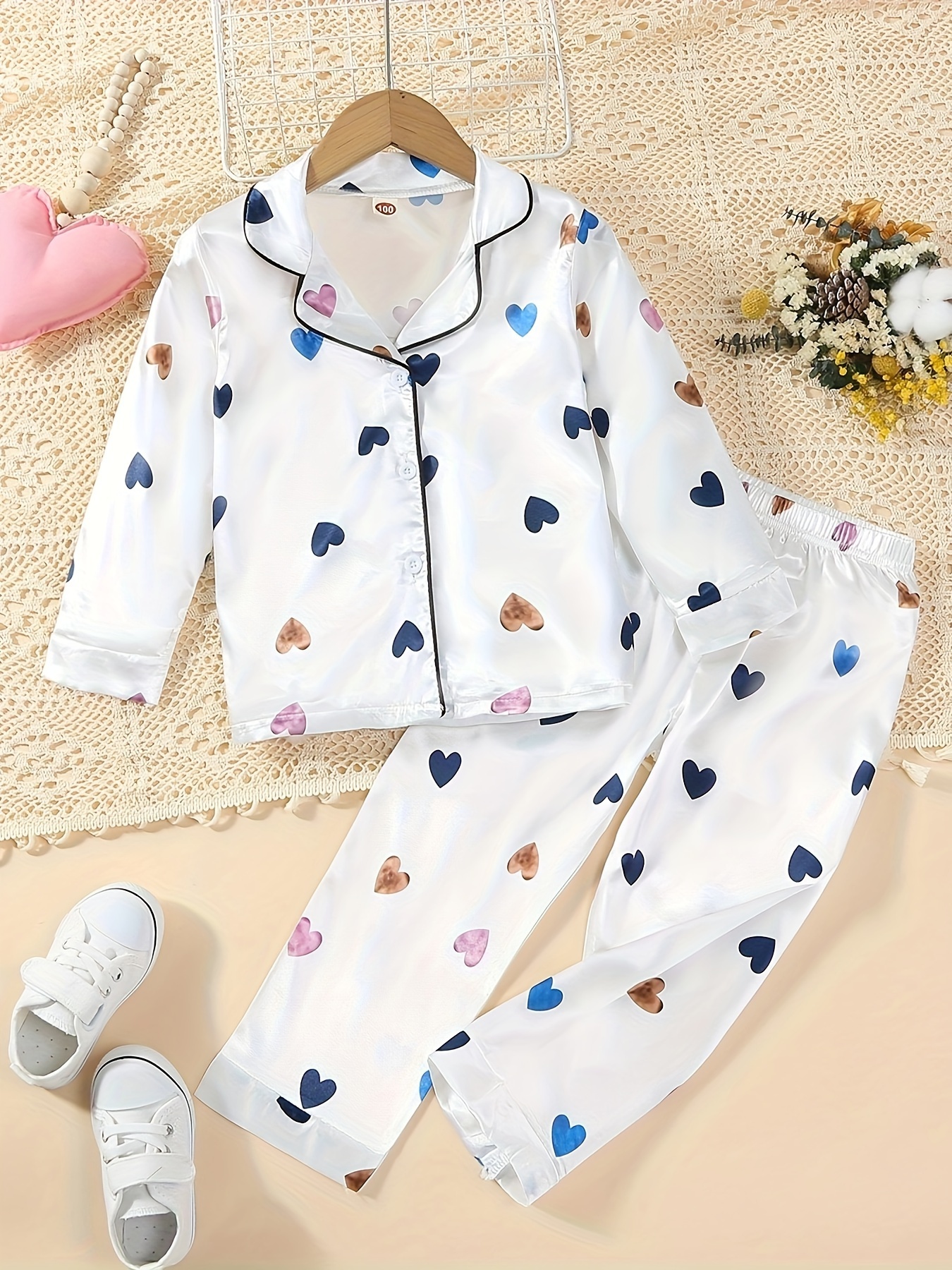 Girls Cute Full Heart Pattern Home Clothes Set, Cute Long Sleeve Tops +  Pants Comfy Two-piece Set