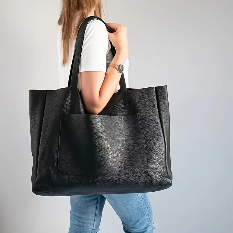 Large Capacity Tote Bag, Solid Color Shoulder Bag, Women's Casual Handbag for Commute Work,Temu