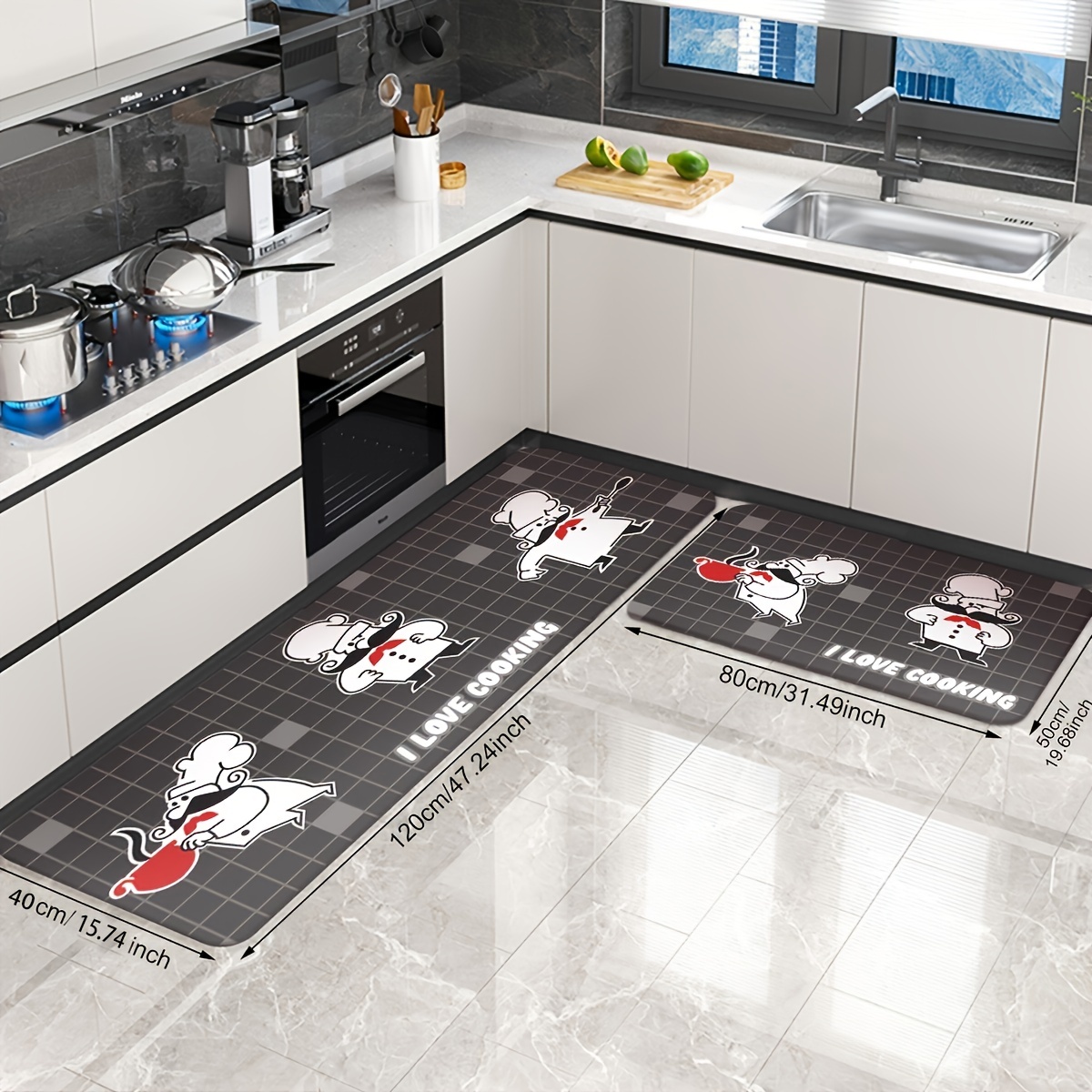 1pc Letter Graphic Kitchen Rug, Black-and-white Polyester Modern