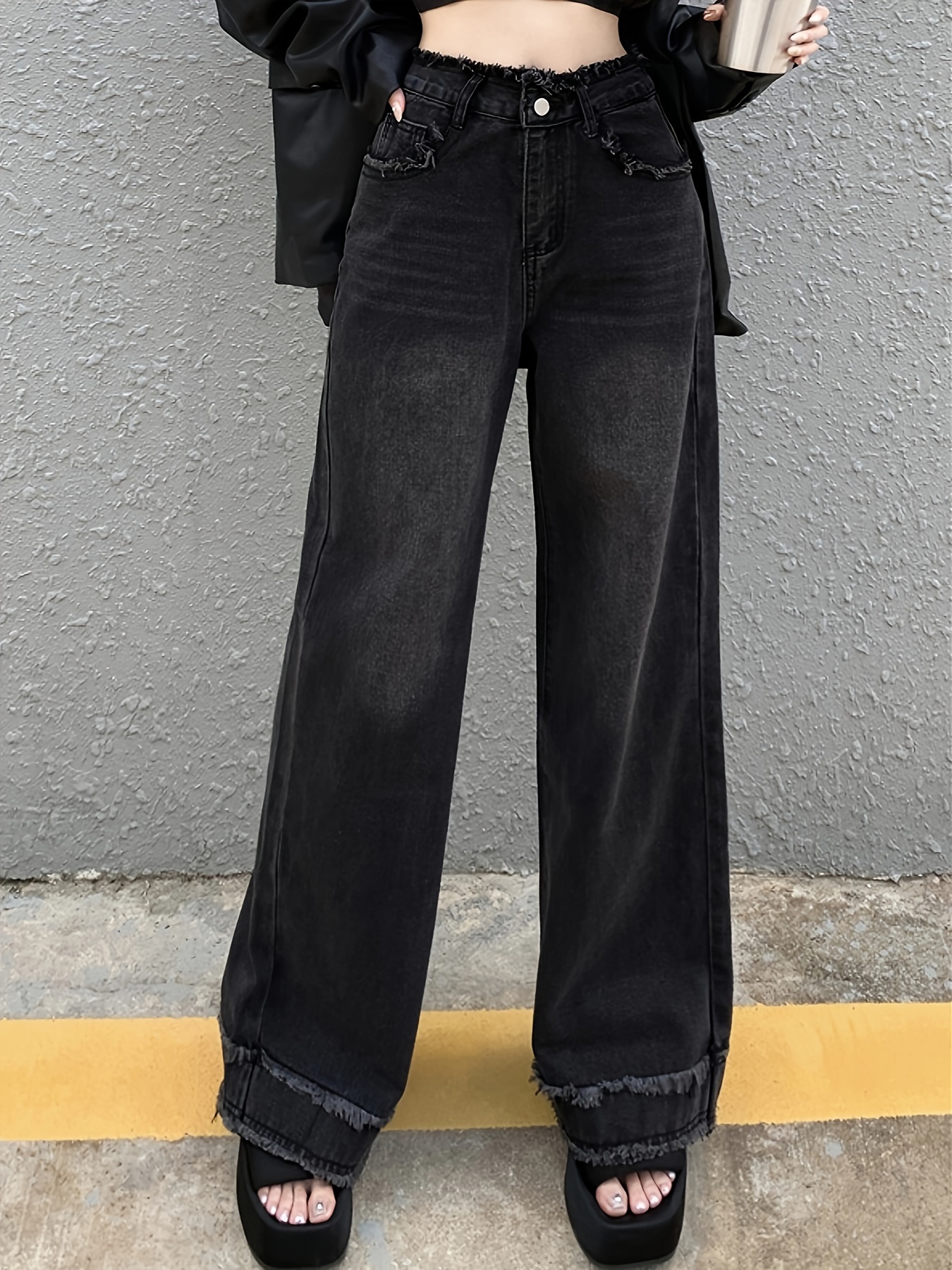 Calças de sino de cintura alta rasgadas pretas da moda - Temu Portugal