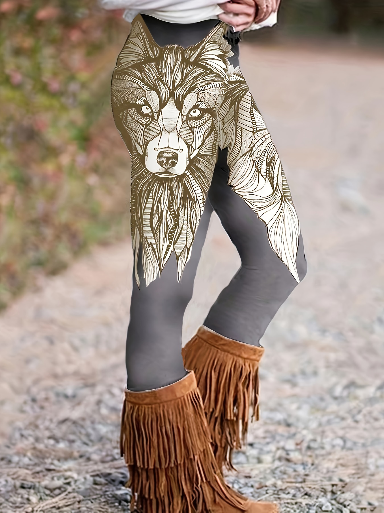 Plus Size Casual Pants Women's Plus Wolf Print Elastic - Temu