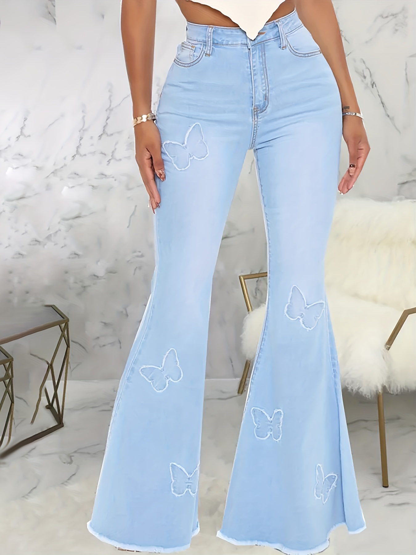 Light Blue Butterfly Embroidered Flare Jeans * Hem High Stretch Bell Bottom  Jeans, Women's Denim Jeans & Clothing