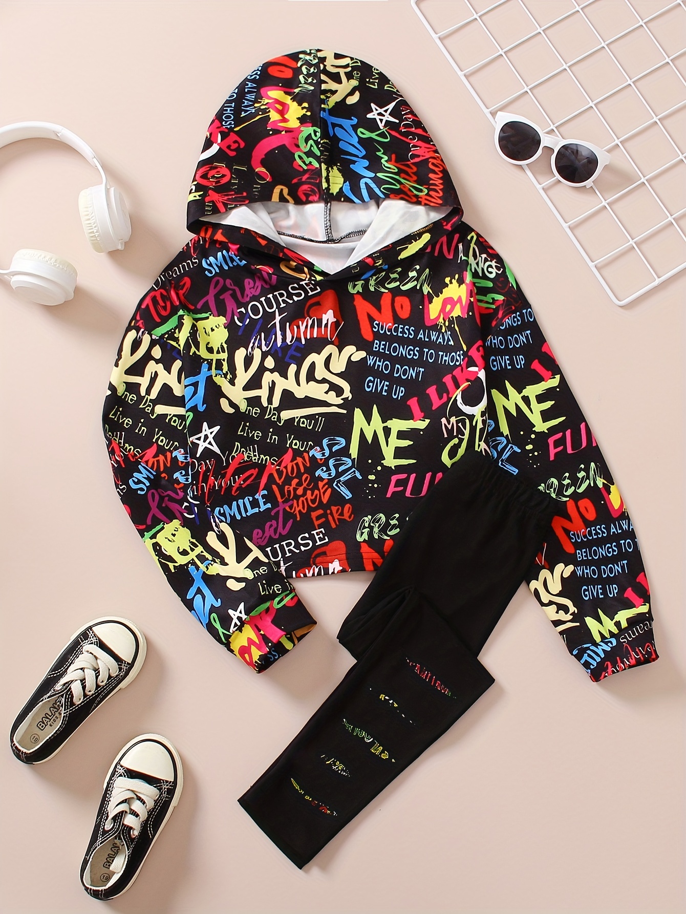 Toddlers Girls Outfit Trousers Hooded Sweatshirt 2 piece Set Street Letter Graffiti Hoodie Slim Leggings Kids Clothes For Winter Fall