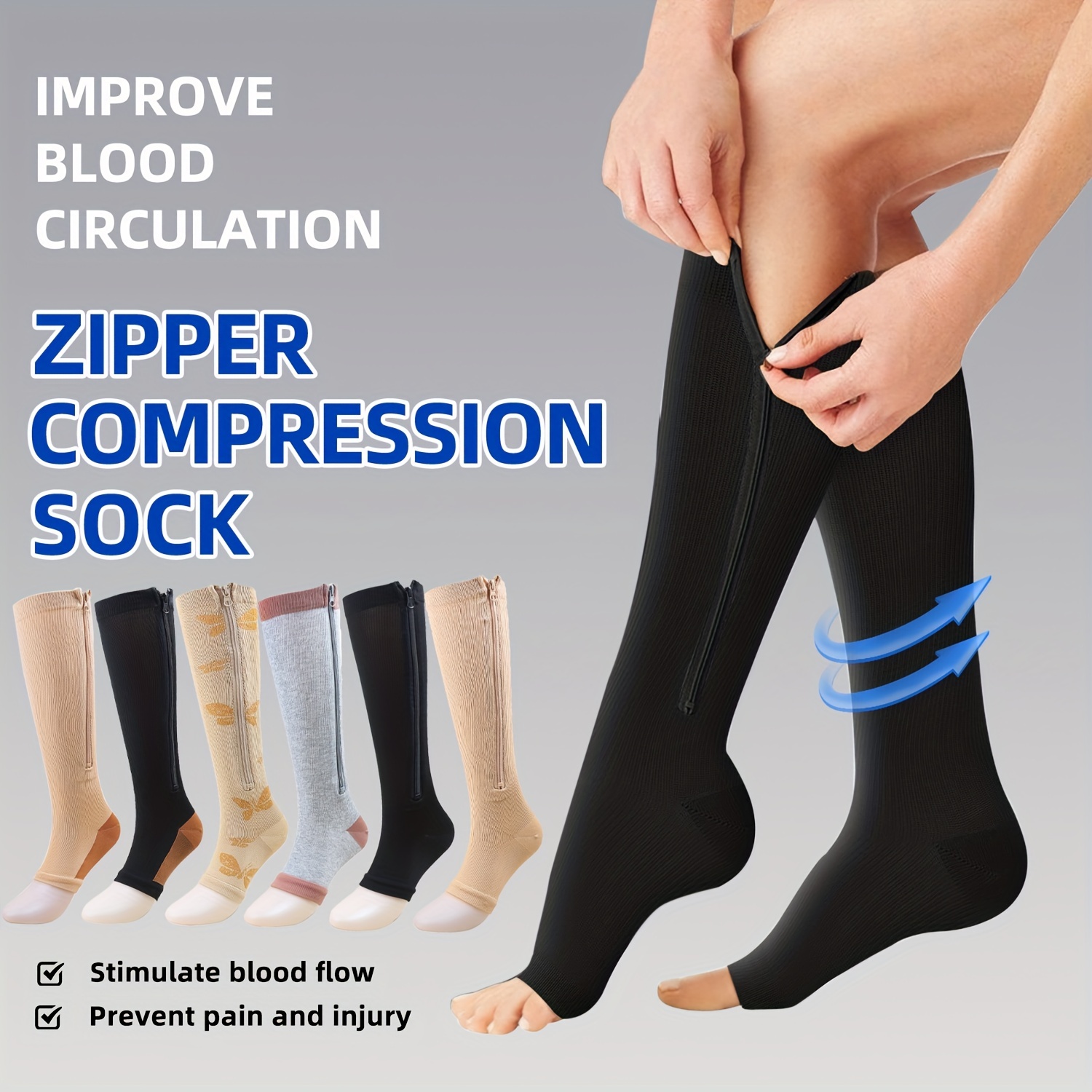 20 30mmhg Compression Socks Zipper Running Solid Ribbed Knee