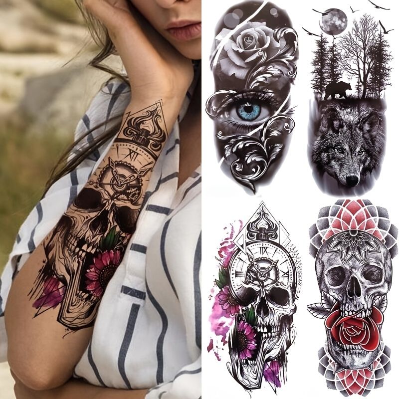 Tattoo Stickers For Women Kids Men Flower Snake Lion Wolf Bone Flower  Temporary Tattoo Skeleton King Animal Fake Tattoo | Free Shipping For New  Users | Temu