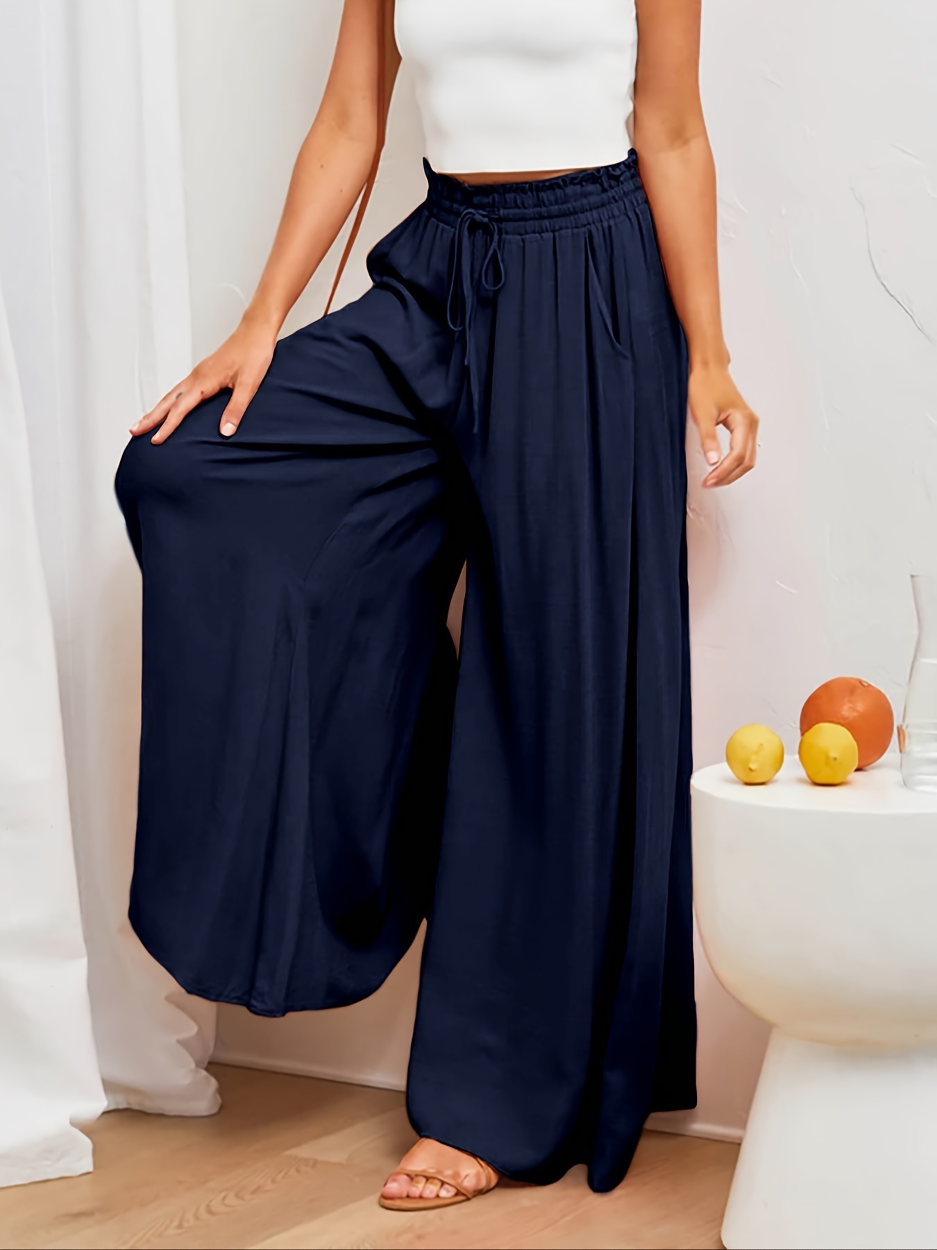 Women's Pants Summer Women's Fashion Wide Leg Palazzo Pants High Waisted  Pant Smocked Pleated Loose Fit Casual Trousers, Black, Medium : :  Clothing, Shoes & Accessories