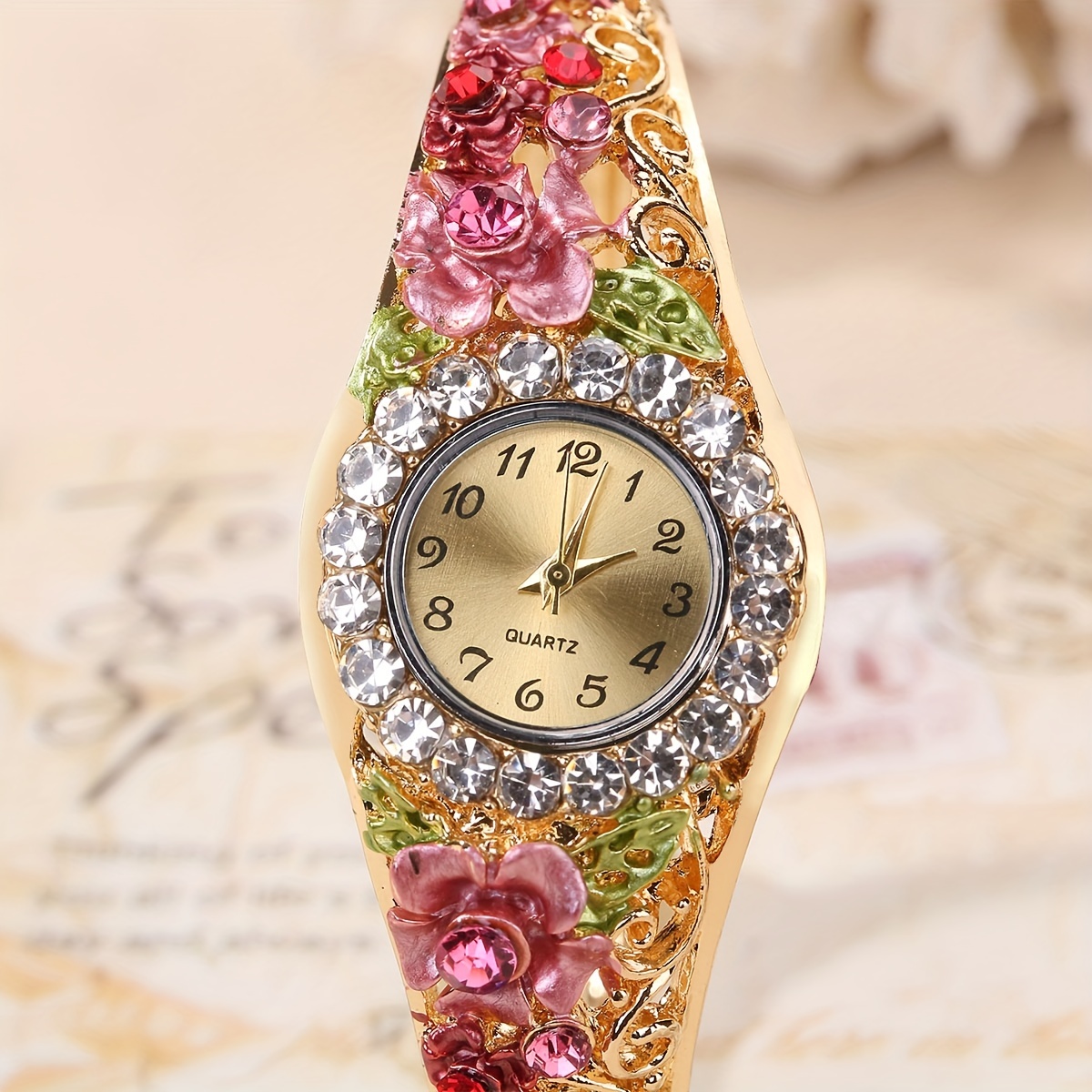 2pcs set womens watch vintage flower quartz bangle watch baroque rhinestone analog wrist watch necklace gift for mom her details 6