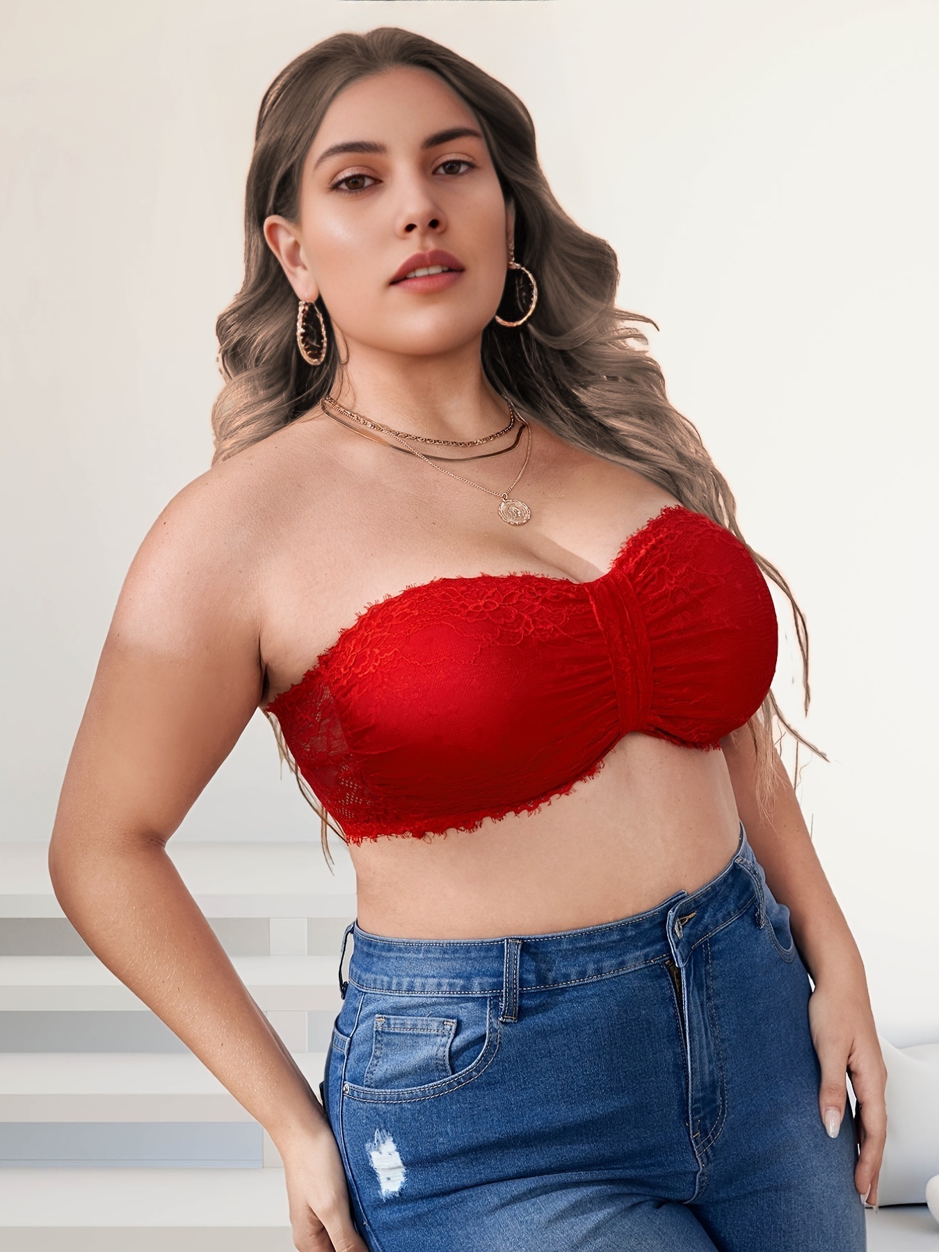 Plus Size Contrast Lace Ruched Front Solid Tube Bra, Women's Plus Elegant  Slight Stretch Tube Bralette