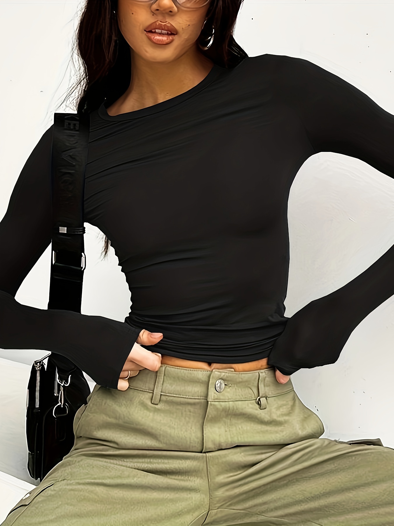 Ribbed Split Solid Top Casual High Neck Long Sleeve Top - Temu