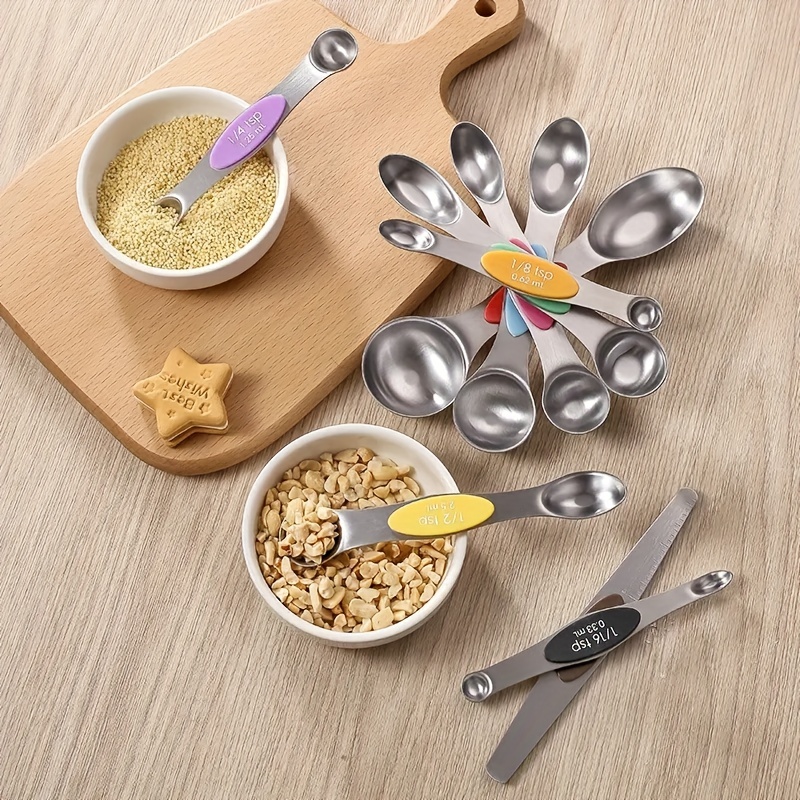 9pcs/set Double-ended Magnetic Measuring Spoons With Scale, Stainless Steel  Measuring Scoops Set And Seasoning Spoon With Scraper For Baking Cooking