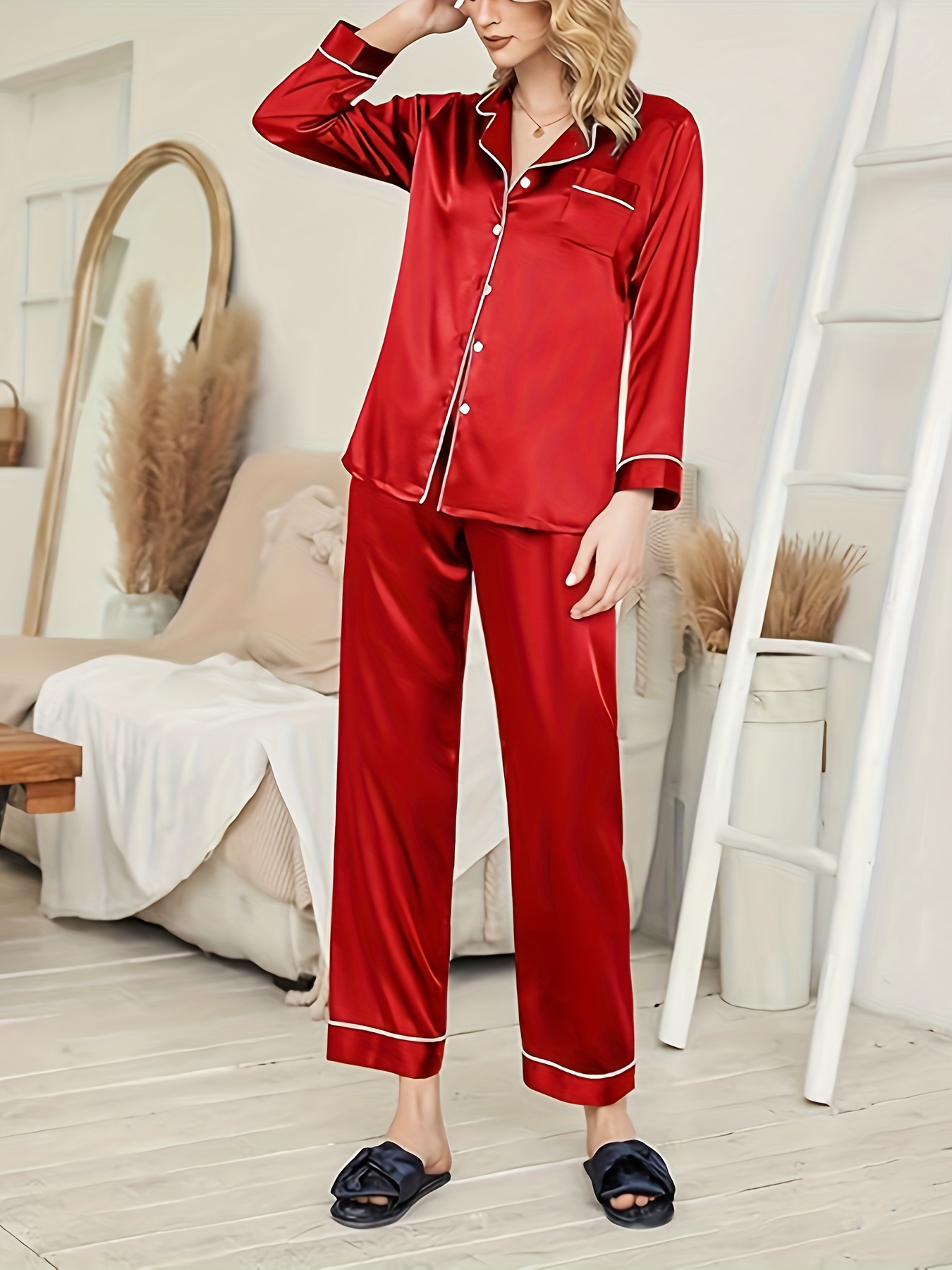 Soft Satin Space Pajamas Set, Lightweight Button Up Blouse Pajama Top &  Elastic Waistband Pajama Pants, Women's Loungewear & Sleepwear