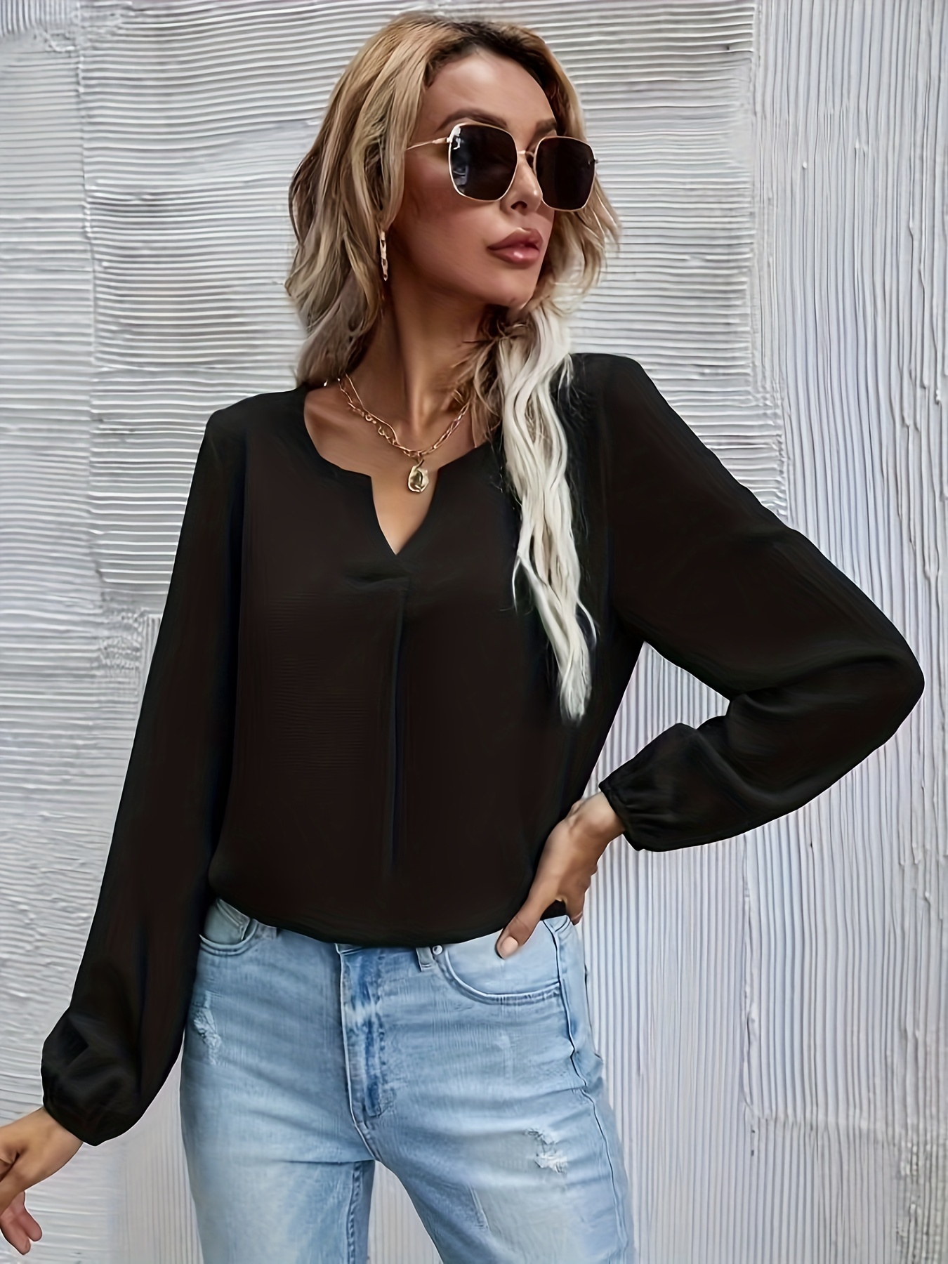 Solid Notched Neck Simple Blouse Casual Long Sleeve Comfy - Temu Canada