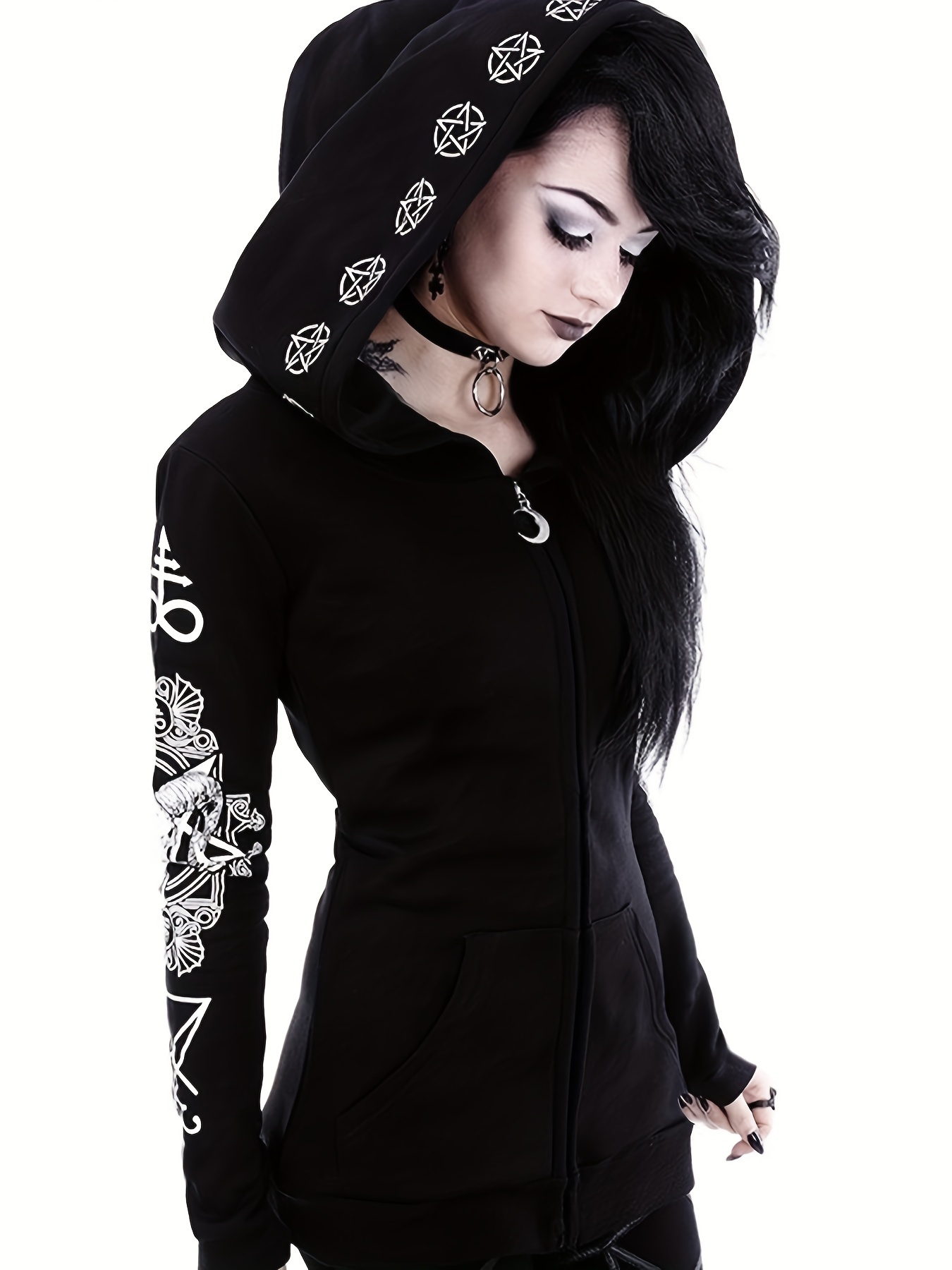 Sudadera con capucha gótica con estampado de sol y luna, ropa gótica punk  negra, cárdigan con capucha de manga larga y cremallera, ropa de mujer