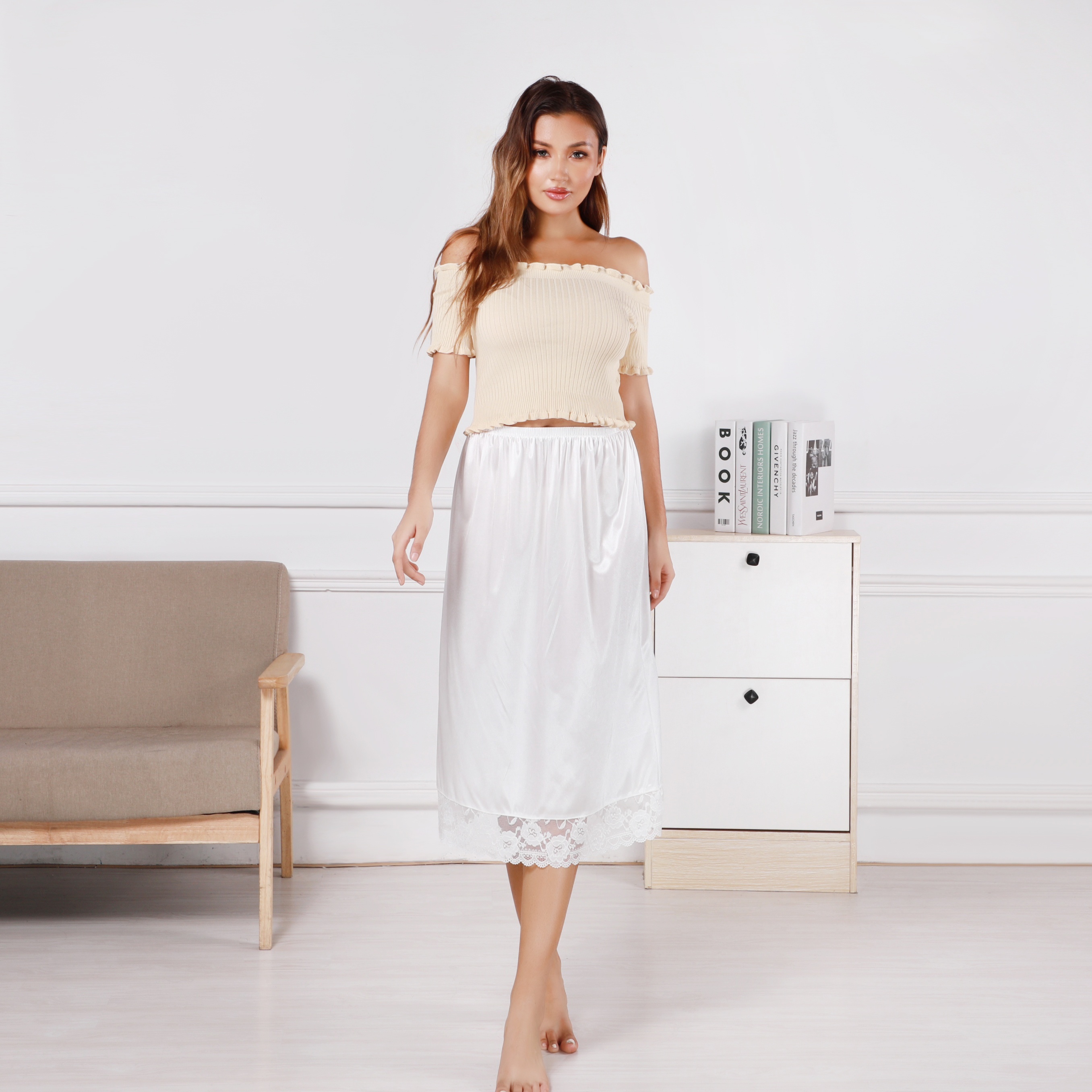 Solid Lace Stitching Skirt Versatile Elastic Waist Skirt - Temu Canada