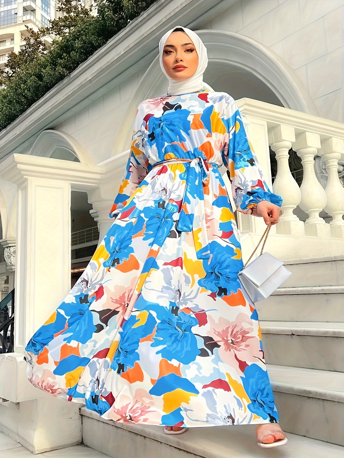 Dresses for Women Floral Print Lantern Sleeve Belted Dress (Color :  Multicolor, Size : X-Small) : : Clothing, Shoes & Accessories