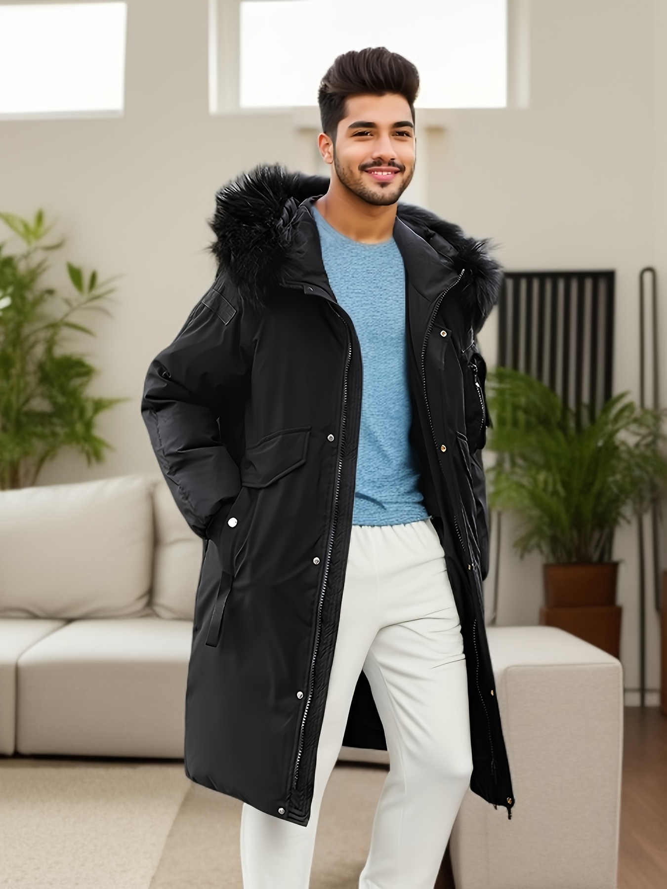 Chaqueta acolchada con plumas suelta casual para hombre, elegante abrigo  largo acolchado con capucha, cálido y grueso parca para otoño invierno