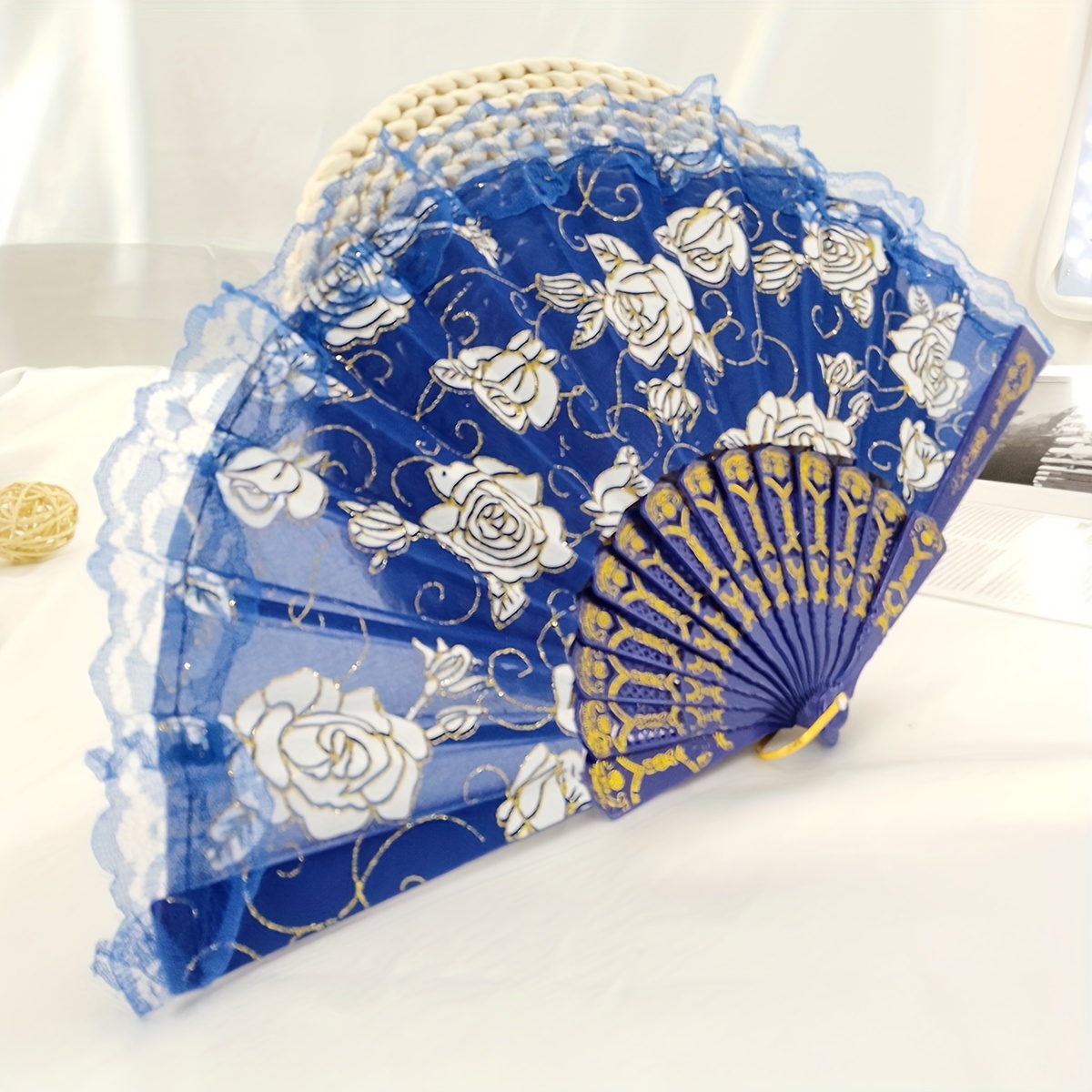 Chinese Style Floral Folding Fan with Lace for Dance Performance