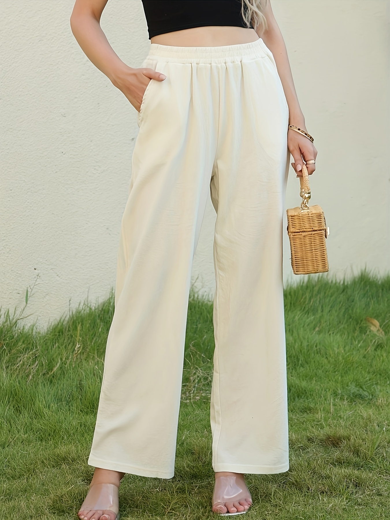 Solid Wide Leg Elastic Waist Pants, Casual Loose Pants