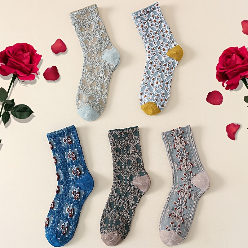 Women's Floral Cotton Socks Vintage Patterned Crew Socks - Temu