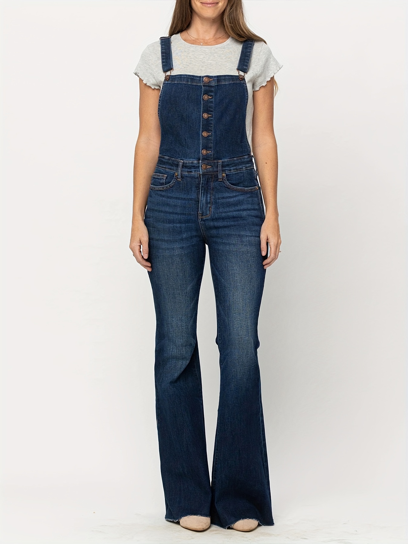 Button Slim Fitted Denim Overalls, Wide Strap Clasp High Stretch Fashion  Denim Jumpsuits, Women's Denim Jeans & Clothing